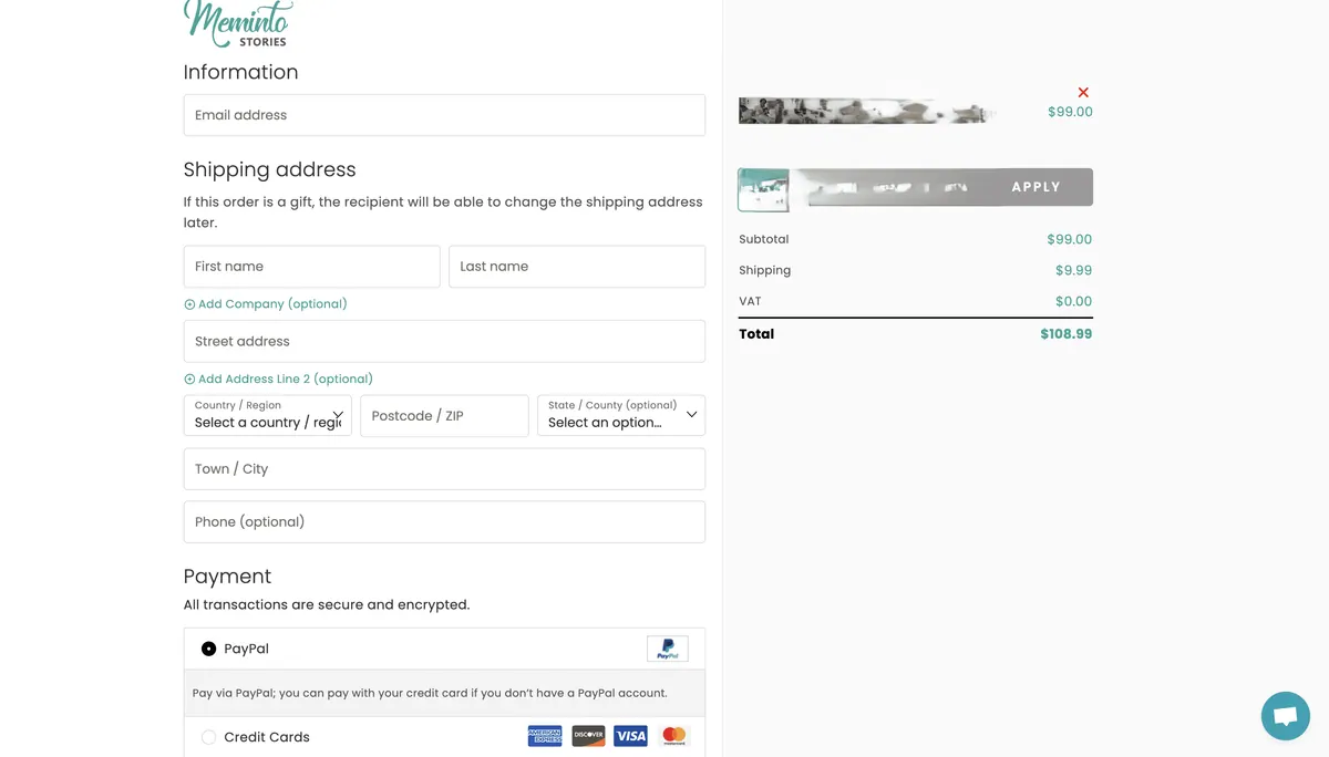 Checkout form for shipping address, payment method and promo code