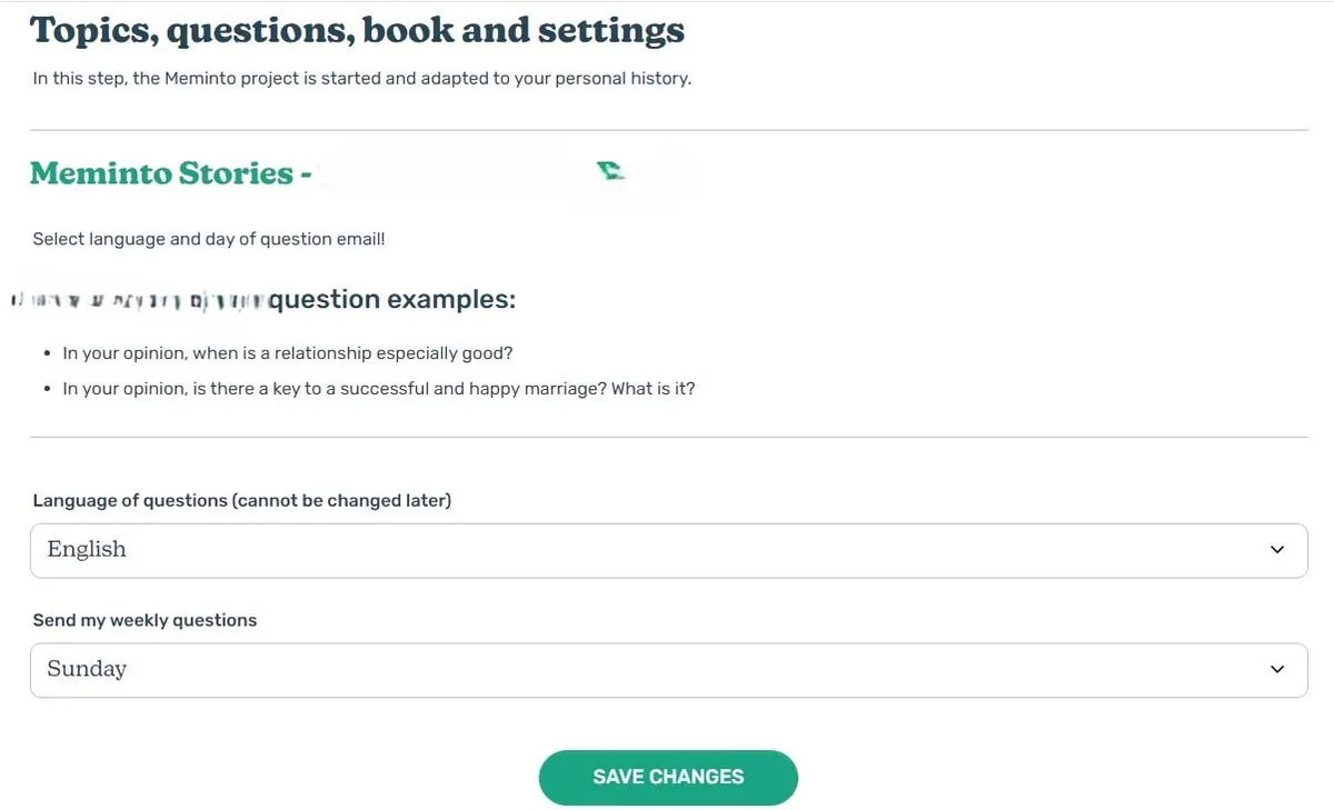 Account settings for the book language and the weekly question day