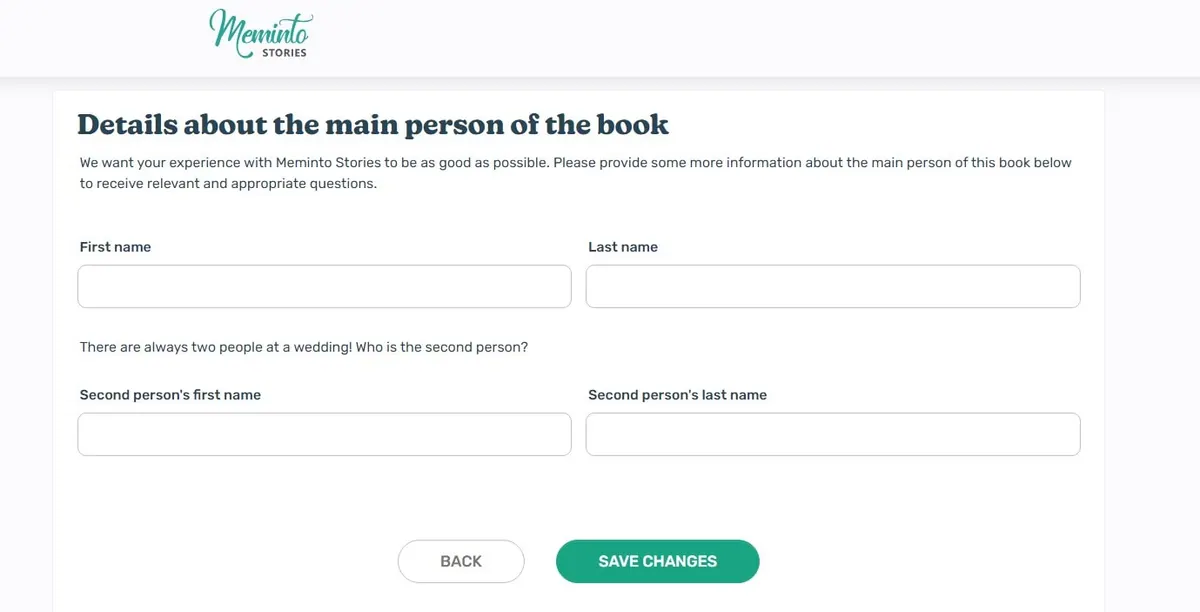 Form asking for the names of the two people the book is about