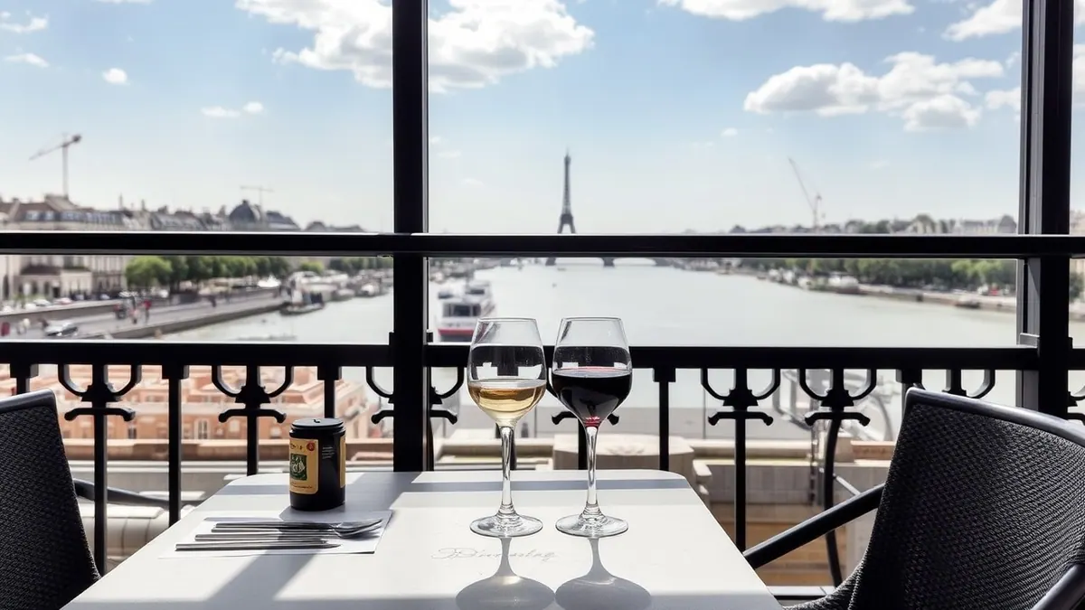 A table for two with wine glasses and a view of the Seine.