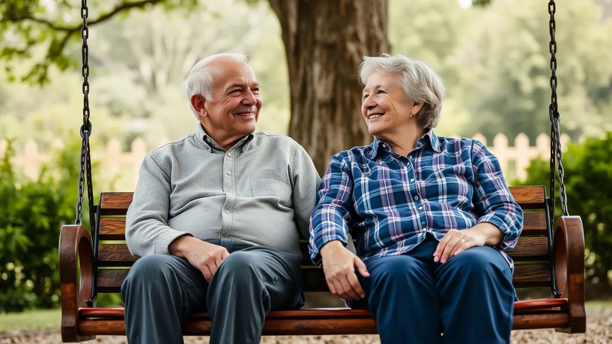An elderly couple sits together on the swing holding hands and smiling softly