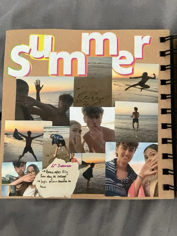 Kraft-paper scrapbook page titled Summer, collaged with beach photos