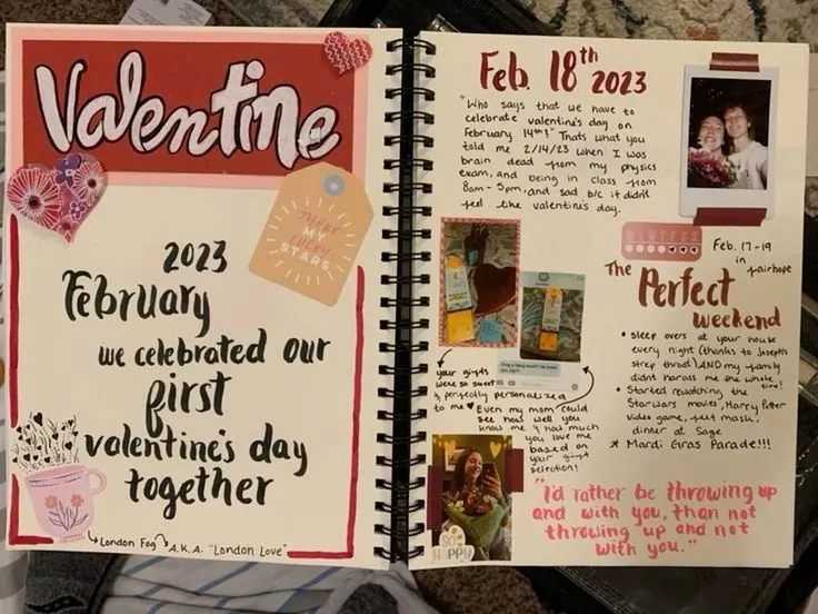 Two-page spread about a couple's first Valentine's Day with photos and handwritten notes
