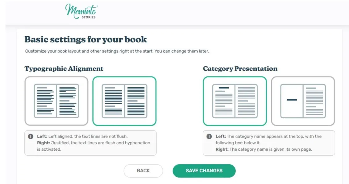 Basic book settings with options for text alignment and category presentation