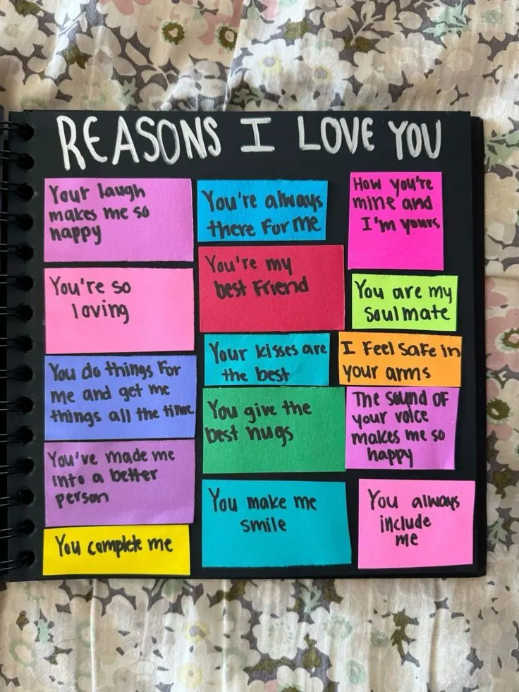 Scrapbook page headed Reasons I Love You, filled with colourful handwritten sticky notes