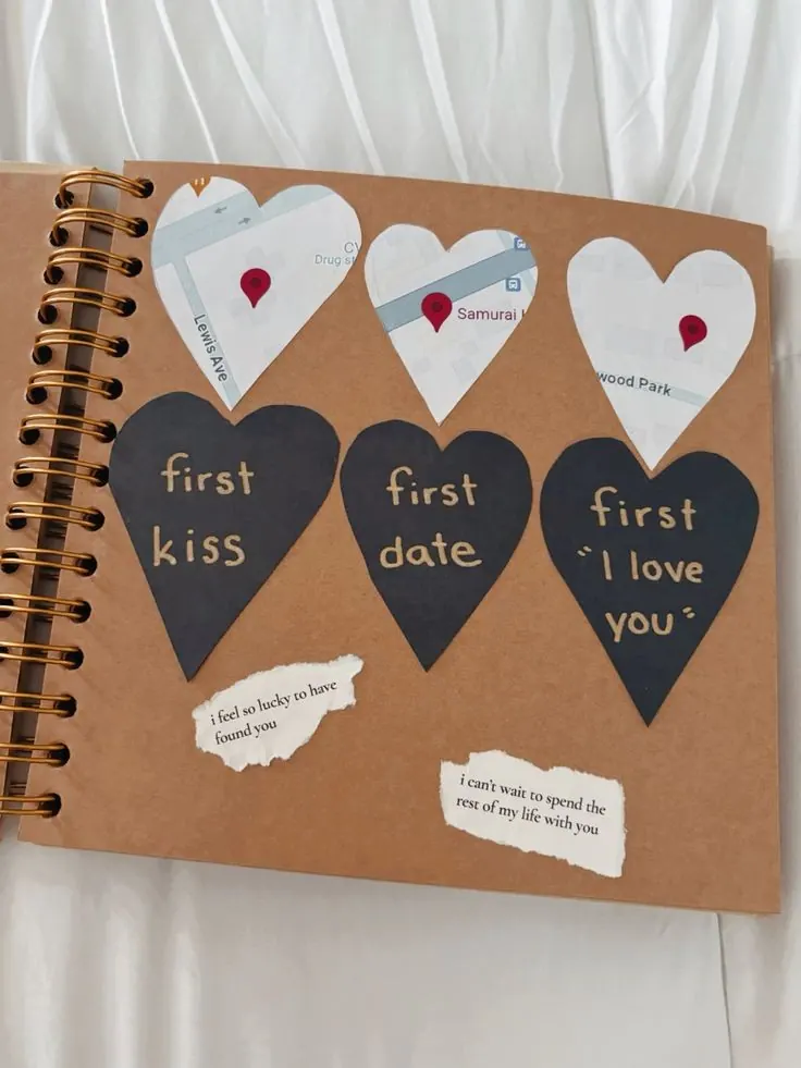 Scrapbook page with dark paper hearts labelled first kiss, first date and first I love you