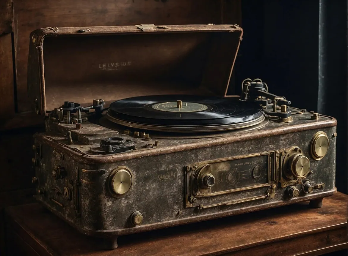 Vintage record player with its lid open and a record on the turntable