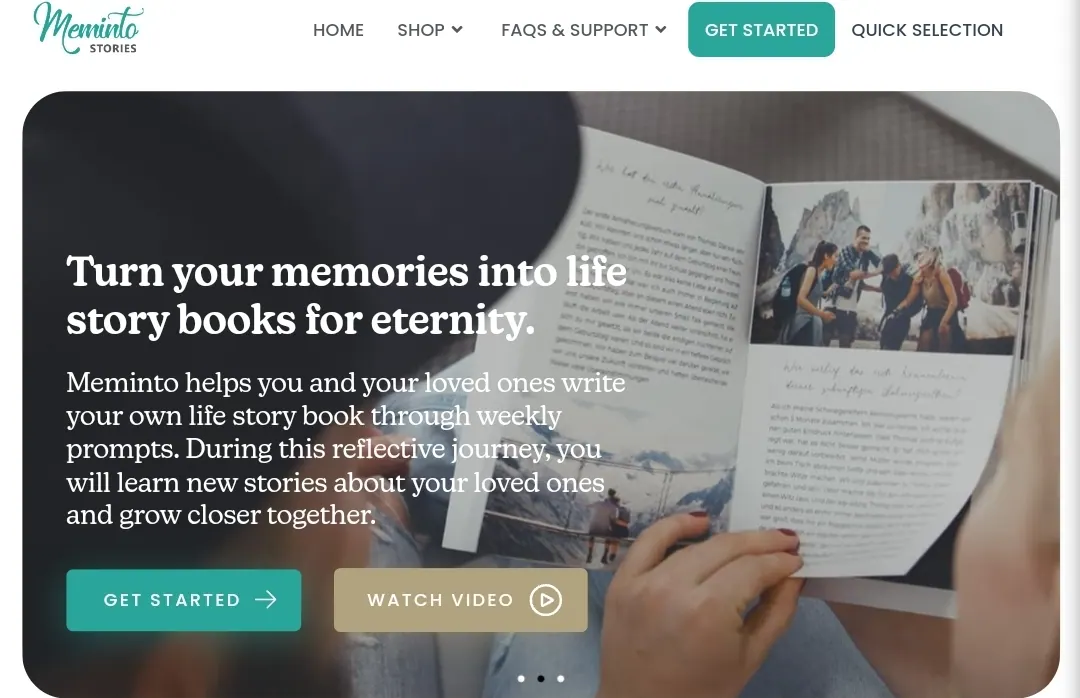 Meminto homepage with the headline about turning memories into life story books and a Get started button