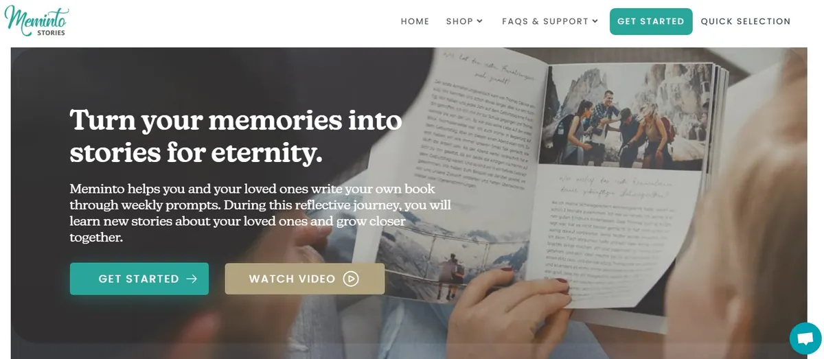 Meminto life story book product page with the Get Started button