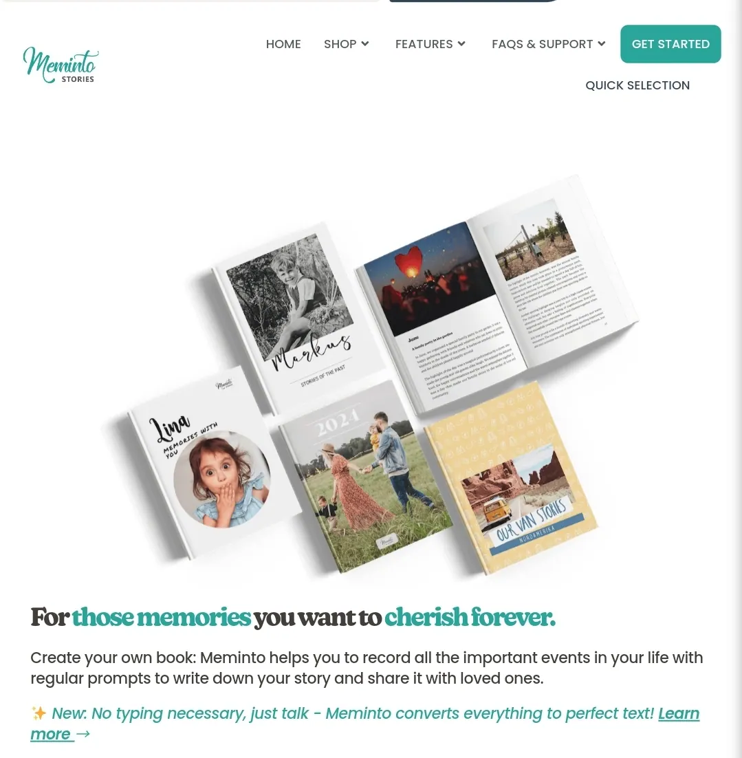 Meminto homepage section with memory books and the promise of memories you want to cherish forever