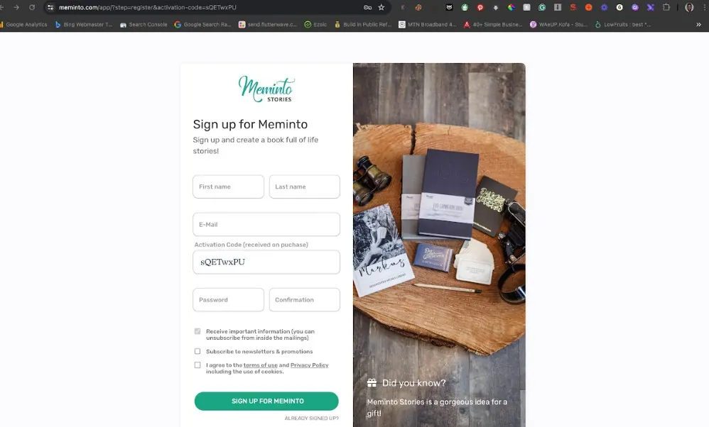 Meminto registration form with personal details, activation code and password