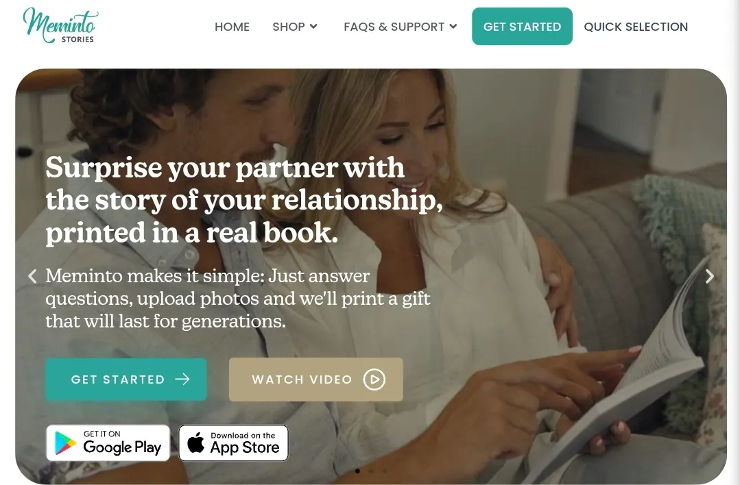 Meminto start page inviting you to surprise your partner with the story of your relationship