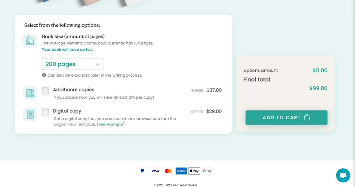 Order options for page count, extra copies and a digital copy next to the add to cart button