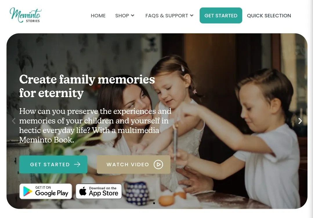 Meminto homepage slide reading Create family memories for eternity, with a mother and two children baking