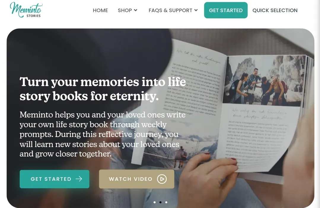 Meminto homepage with the headline about turning memories into life story books and a Get started button
