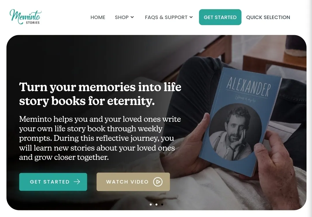 Meminto homepage hero showing a person holding a blue life story book with a portrait cover