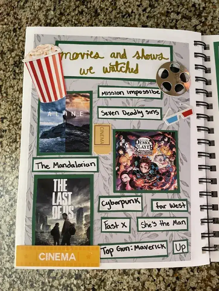 Scrapbook page listing the movies and shows a couple watched, with popcorn and film-reel cut-outs