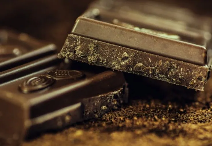 Stacked pieces of dark chocolate resting on cocoa powder