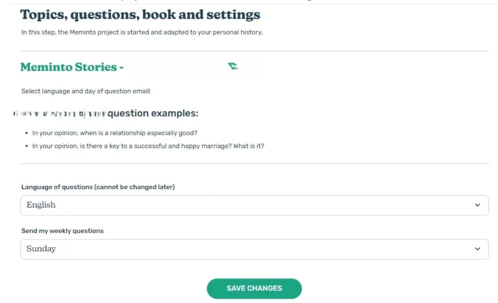 Account settings for language and the weekly question delivery day