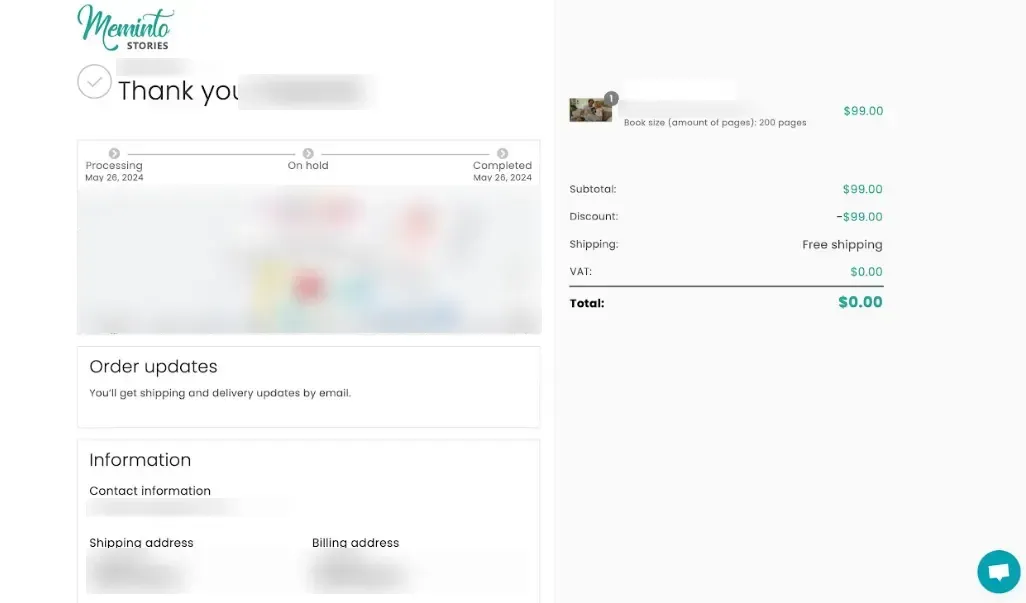 Order confirmation page with delivery status, shipping address and order summary