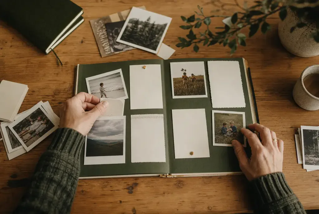 Person sorting chapters, printed photographs, and notes before beginning a book project
