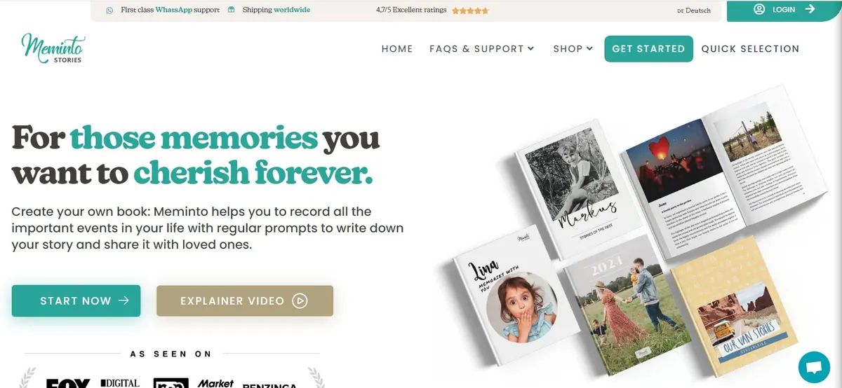 Meminto homepage with the login link in the top right of the header