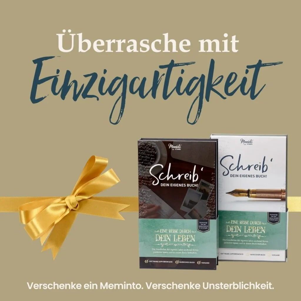 Goldene Geschenkschleife neben zwei Buchpaketen mit dem Titel „Schreib dein eigenes Buch“