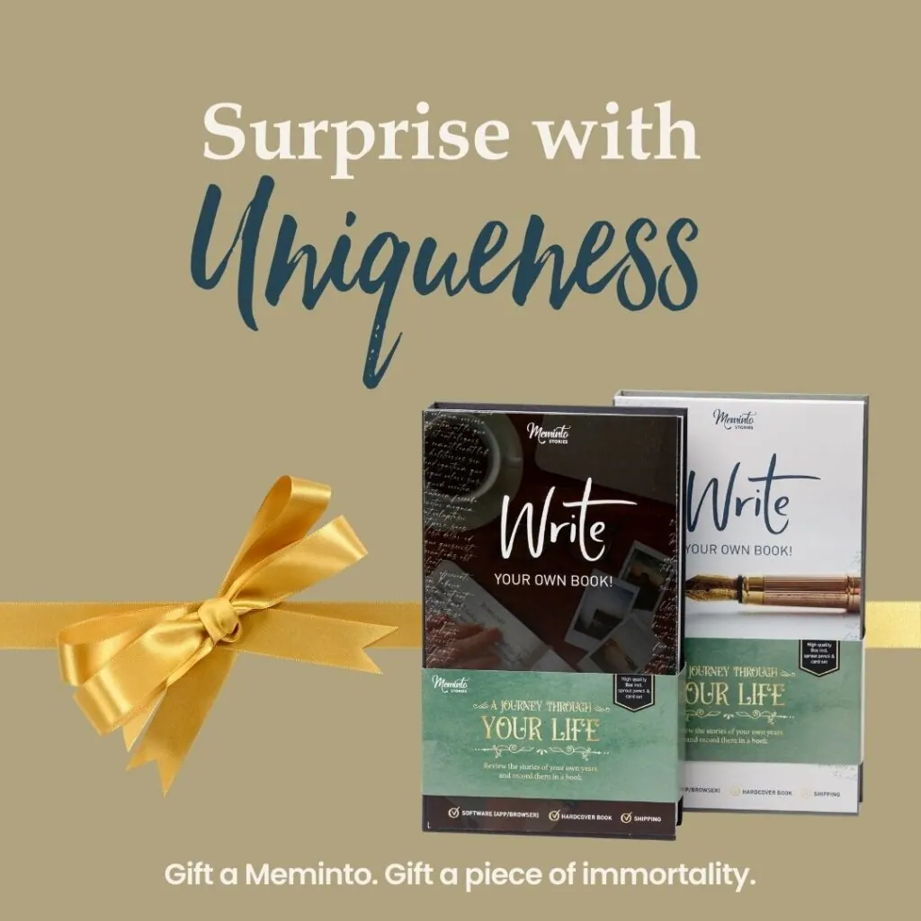 Two Meminto gift boxes tied with a gold ribbon, captioned Surprise with uniqueness