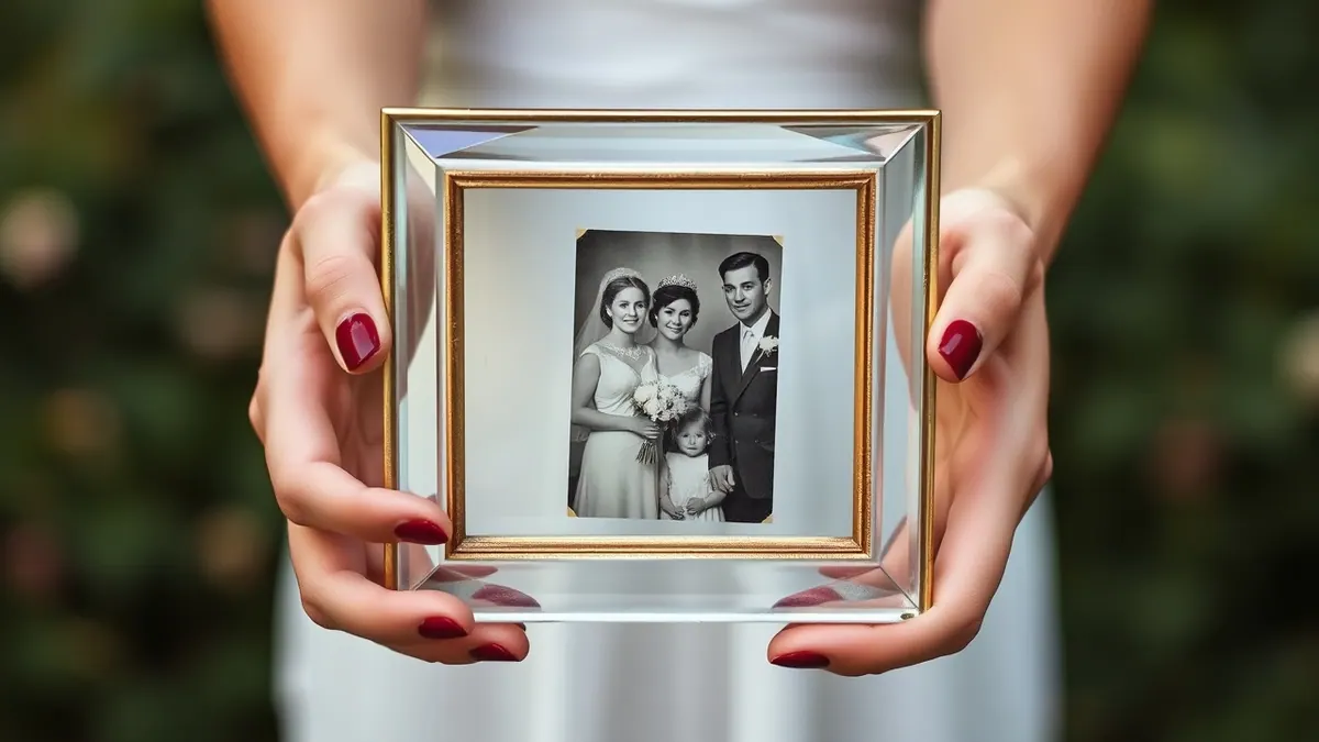 A pair of hands holding a glass frame with an old wedding photo