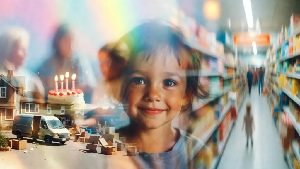 Collage of early childhood moments: a smiling child, a birthday cake, a moving van and a supermarket aisle