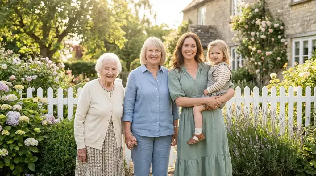 Four generations of family standing together in front of family home