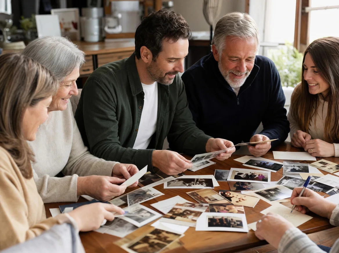 A family choosing printed photos and writing down memories together around a table