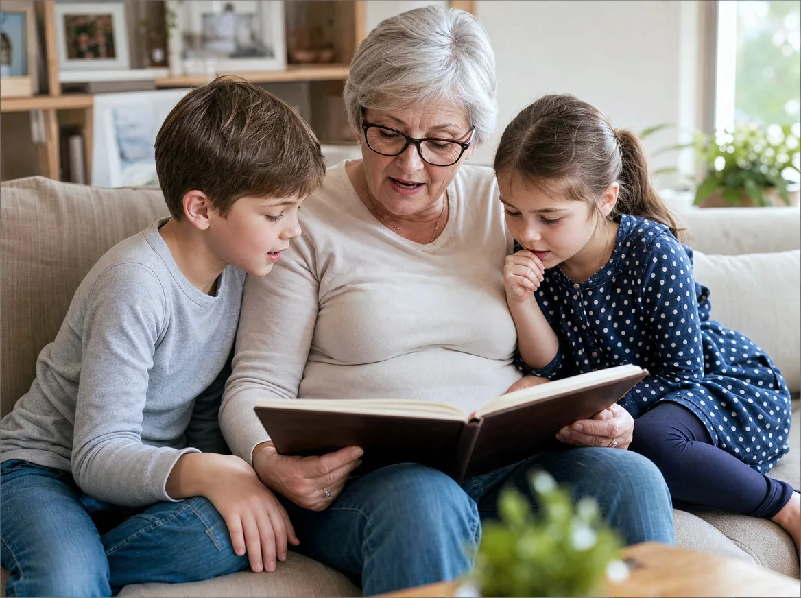 A grandmother sharing a family photo album with two grandchildren on a sofa