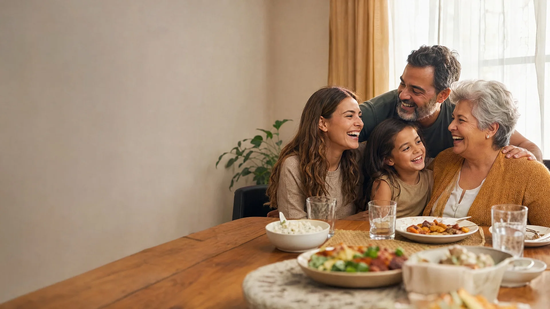 Three generations of a family laughing together around a dinner table