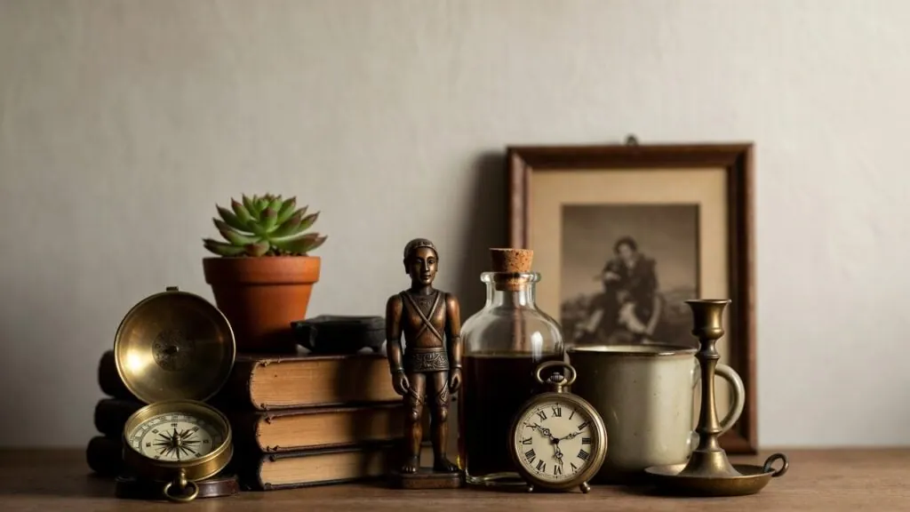Childhood keepsakes on a shelf: old books, a compass, a pocket watch, a figurine and a framed photo