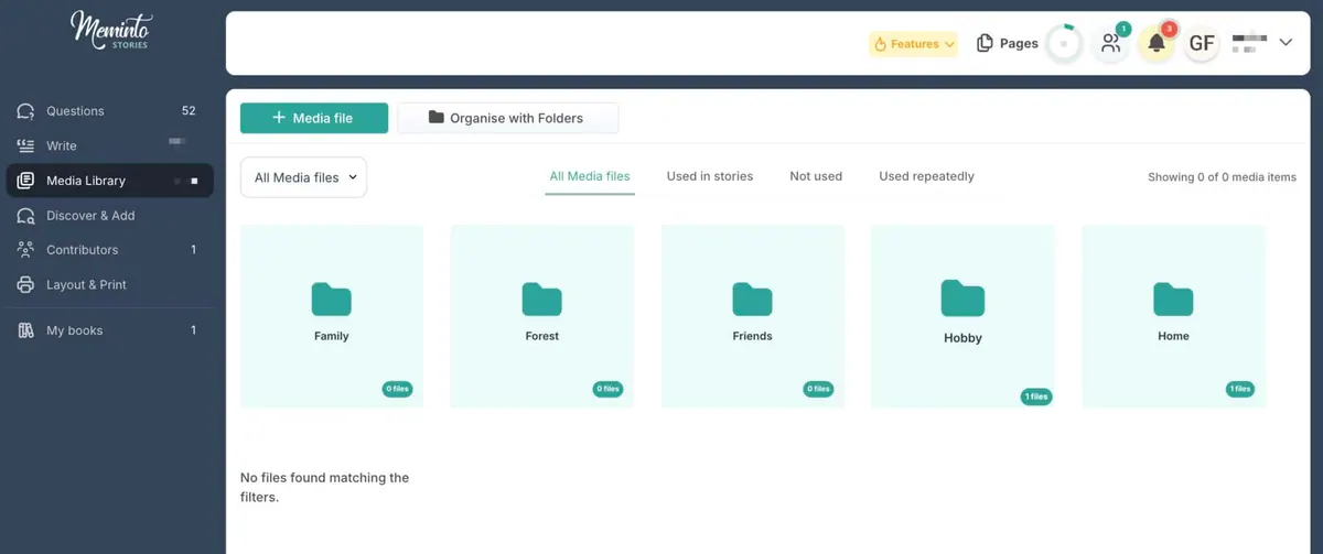 Folders for organizing uploaded media in Meminto
