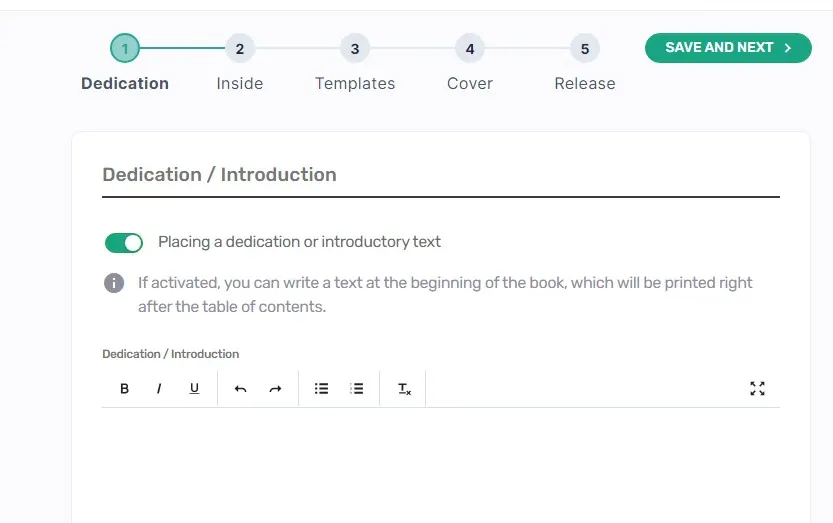 Layout and release editor on the dedication step with a text editor and a five-step progress bar