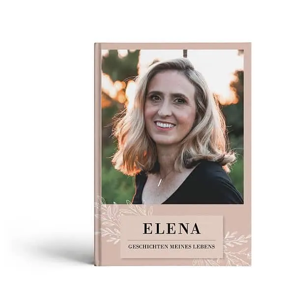 Rosafarbenes Hardcover-Buch mit dem Porträt einer lächelnden Frau und dem Titel Elena
