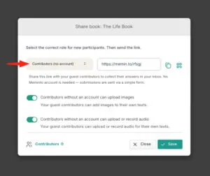 Share dialog with the role set to contributors without an account and a guest invite link