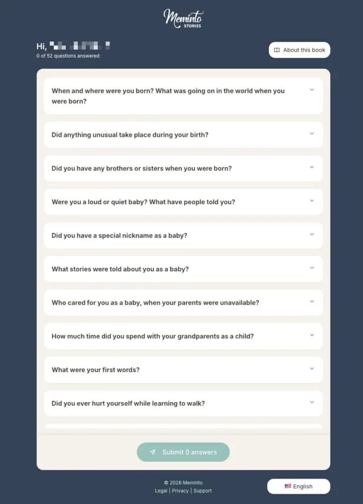 Guest view of a shared book, listing life questions to answer and a button to submit answers