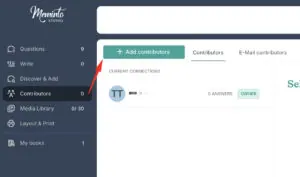 Contributor settings of a book with an arrow pointing at the Add contributors button