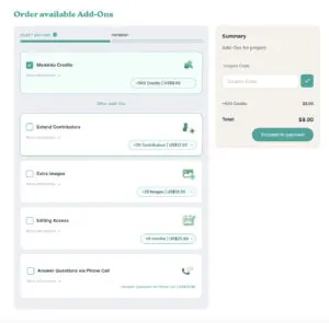 Self-service add-on order page listing credits, extra contributors, images and phone interviews