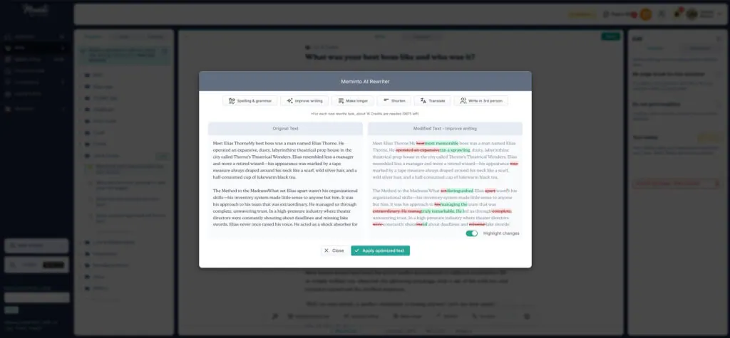 A Meminto interface with a before and after image of an AI text optimization