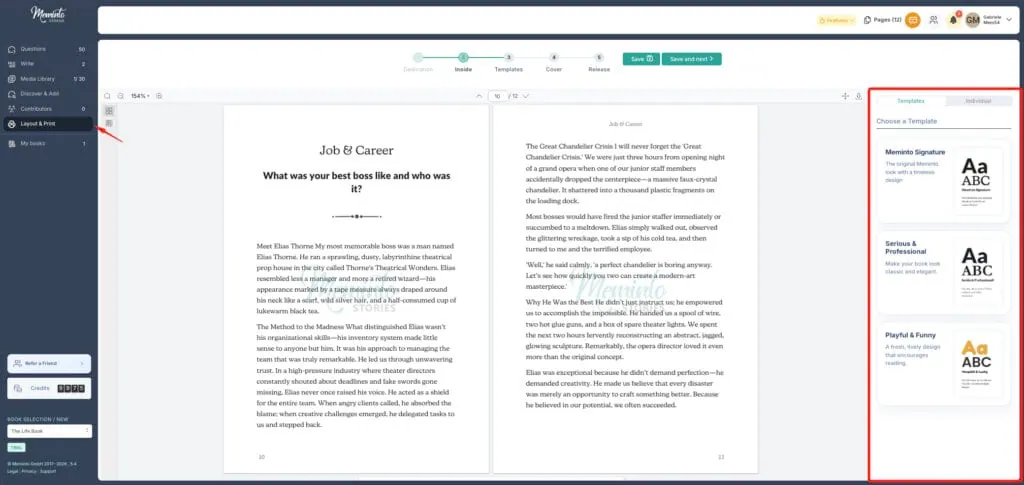Layout and print view with a book page spread and three inner page templates on the right