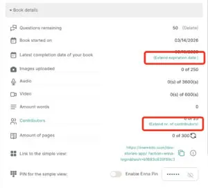 Book details with upgrade links marked for extending the expiration date and contributor count