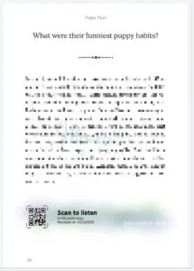 Page layout preview of a printed story with the styled Scan to listen QR code at the bottom