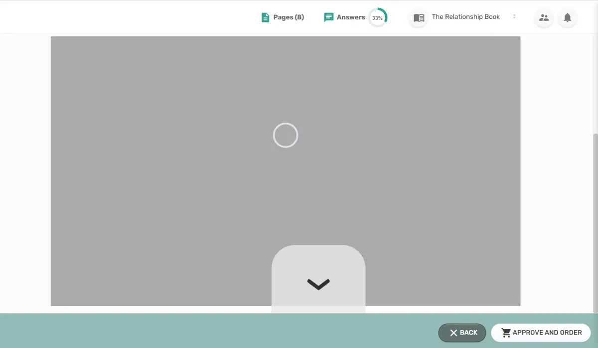 Book preview loading in the browser with the back and approve and order buttons at the bottom