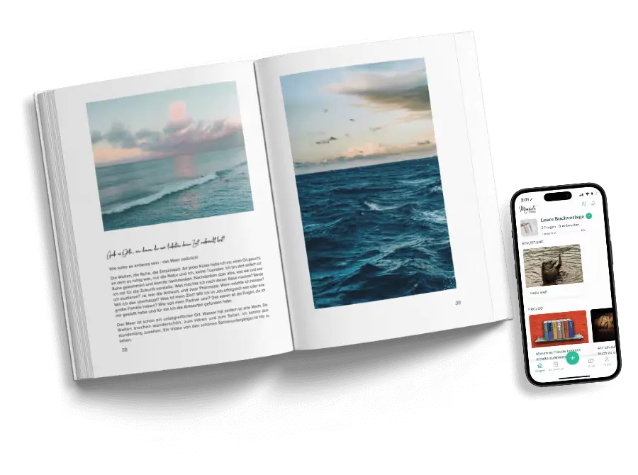 Open Meminto book with full-page sea photographs next to a smartphone showing the app