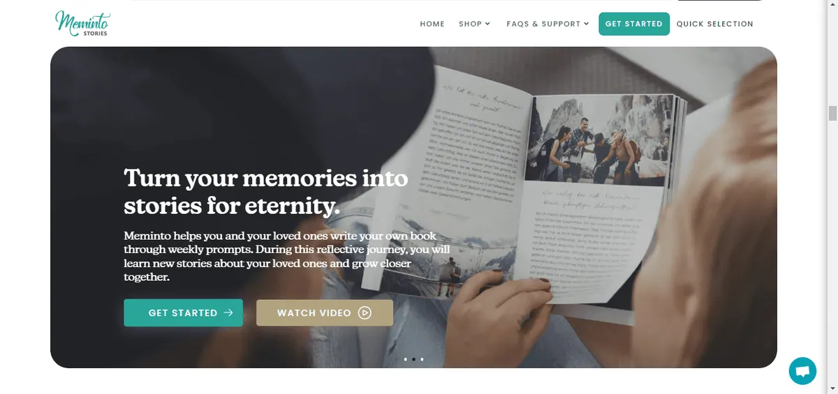 Meminto life story book product page with the Get Started button