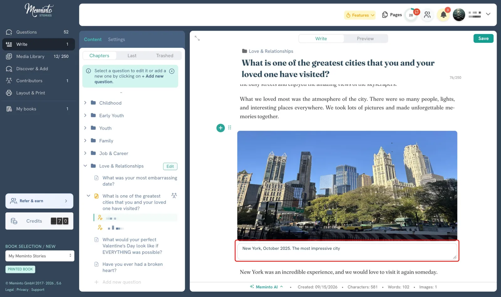 Caption field below an image in the Meminto story editor